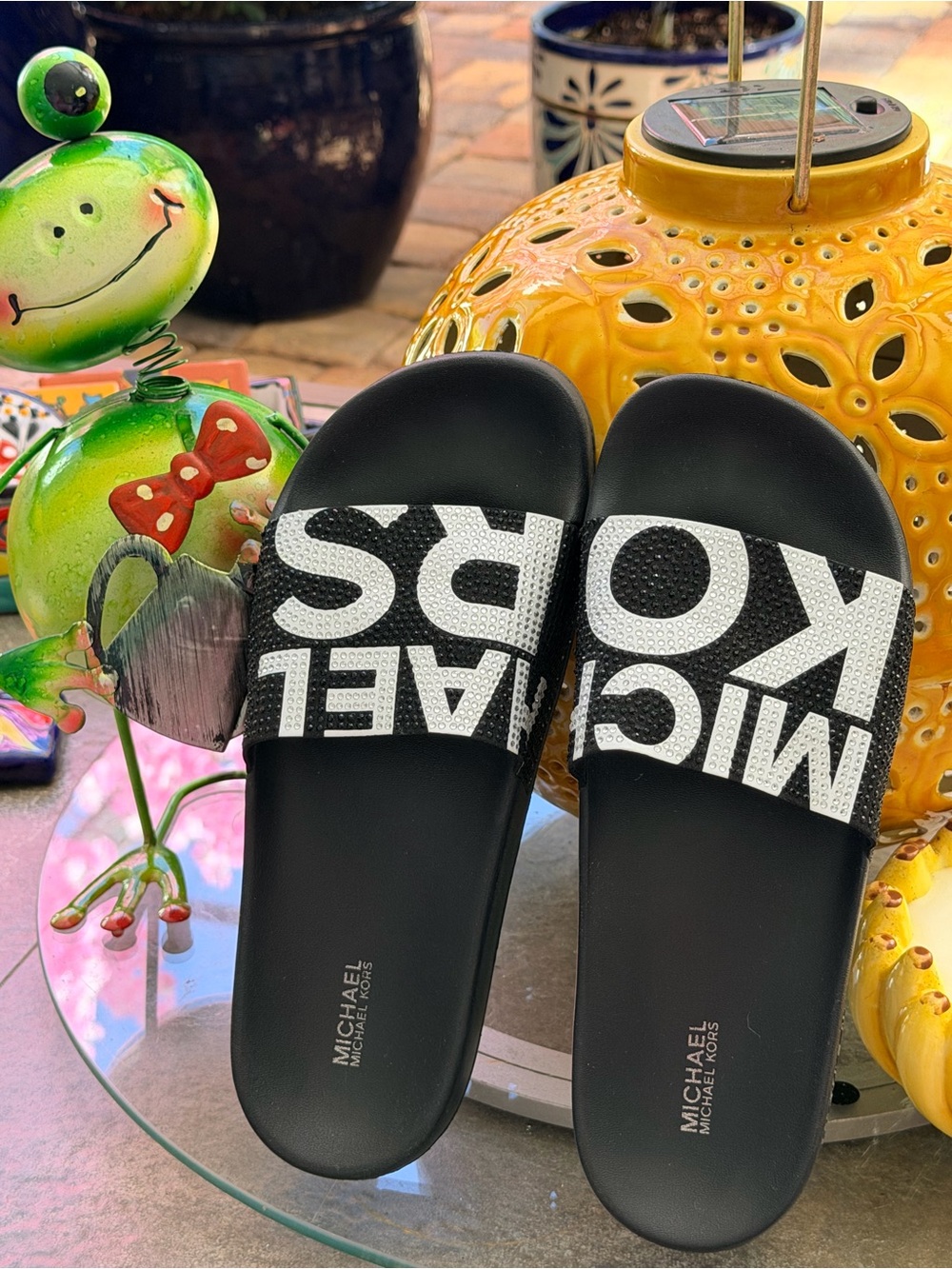 Michael Kors Black Slides with White Crystal Logo Strap